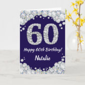 Happy 60th Birthday Navy Blue en Silver Glitter Kaart (Gele Bloem)