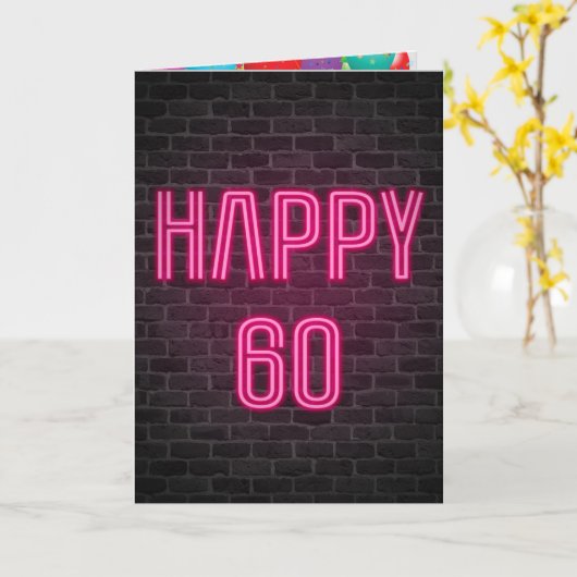 Happy 60th Birthday Neon Sign on brick Kaart (Gele Bloem)