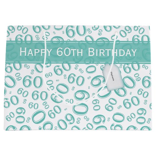 Happy 60th Birthday Number Pattern Blauwgroen/Whit Groot Cadeauzakje (Voorkant)