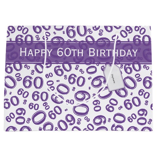 Happy 60th Birthday Number Pattern Paars/White Groot Cadeauzakje (Voorkant)