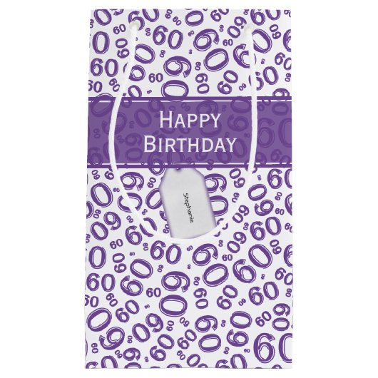 Happy 60th Birthday Number Pattern Paars/White Klein Cadeauzakje (Voorkant)