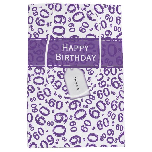 Happy 60th Birthday Number Pattern Paars/White Medium Cadeauzakje (Voorkant)