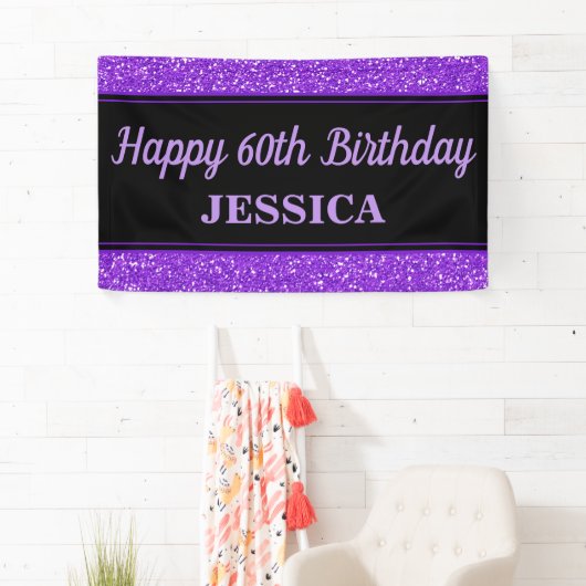 Happy 60th Birthday Paarse Glitter Zwart Spandoek (Insitu)