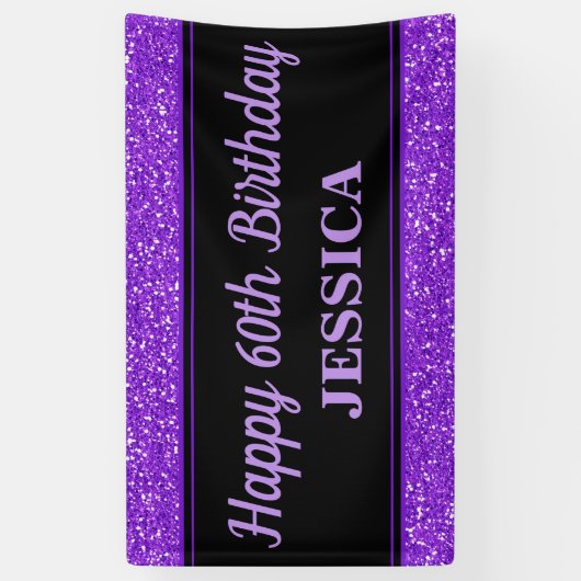 Happy 60th Birthday Paarse Glitter Zwart Spandoek (Verticaal)