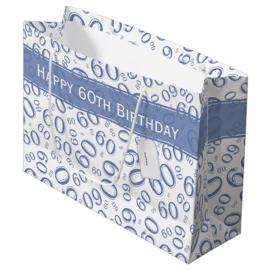 Happy 60th Birthday Party Pattern Blue and White Groot Cadeauzakje (Voorkant Gekanteld)