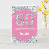 Happy 60th Birthday Pink en Silver Glitter Card Kaart (Gele Bloem)