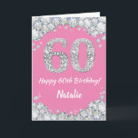 Happy 60th Birthday Pink en Silver Glitter Card Kaart<br><div class="desc">Fijne 60e verjaardag Roze en Zilver Glitter Card met gepersonaliseerde naam. Voor verdere aanpassing,  te klikken gelieve de knoop "van de Aanpassing het"en ons ontwerphulpmiddel te gebruiken om deze sjabloon te wijzigen.</div>
