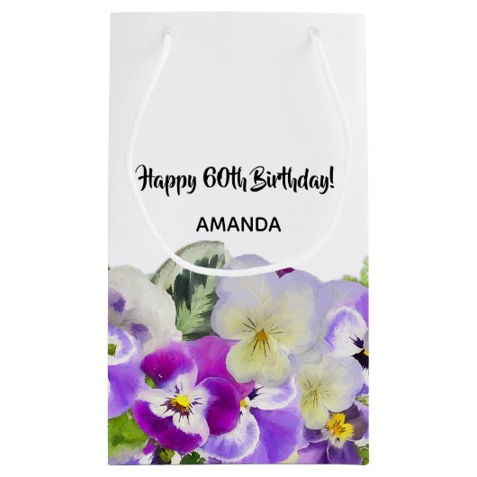 Happy 60th Birthday violet pansies bloemen wit Klein Cadeauzakje (Achterkant)