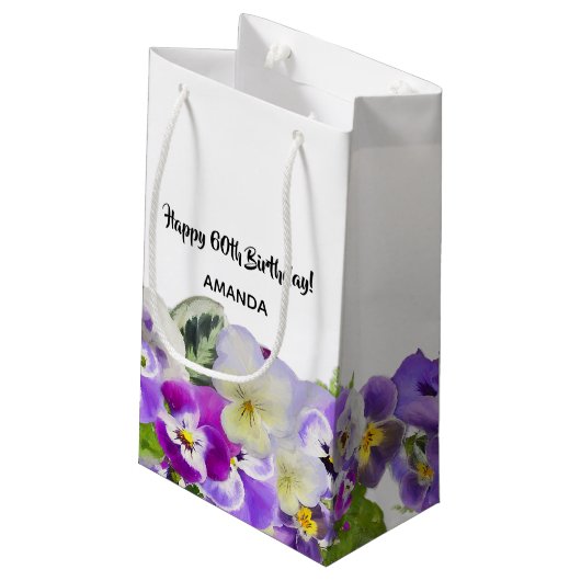 Happy 60th Birthday violet pansies bloemen wit Klein Cadeauzakje (Achterkant Gekanteld)
