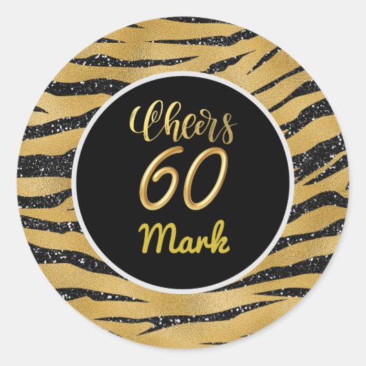 Happy 60th Birthday white gold thema Tijger Ronde Sticker (Voorkant)