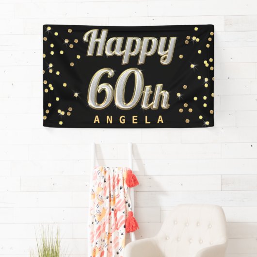 Happy 60th Bling Typography Gold Confetti Black Spandoek (Insitu)