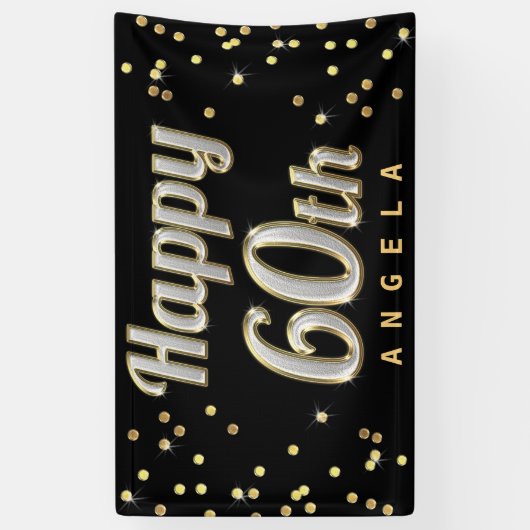 Happy 60th Bling Typography Gold Confetti Black Spandoek (Verticaal)
