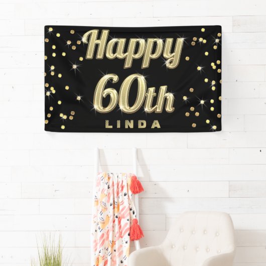 Happy 60th Gold Bling Typography Confetti Black Spandoek (Insitu)