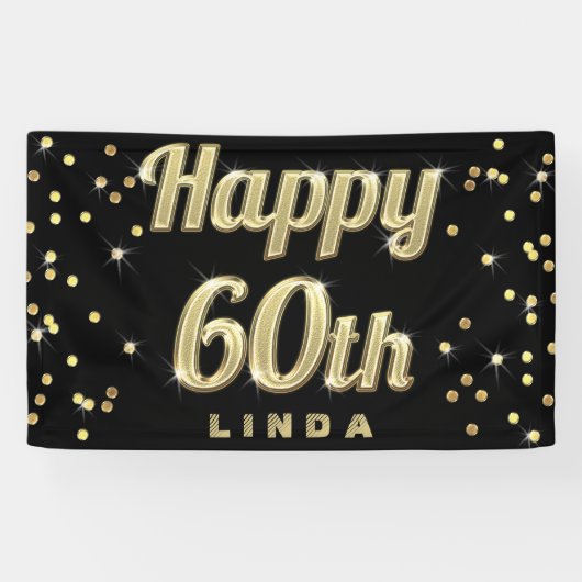 Happy 60th Gold Bling Typography Confetti Black Spandoek (Horizontaal)