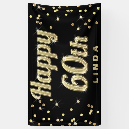 Happy 60th Gold Bling Typography Confetti Black Spandoek (Verticaal)