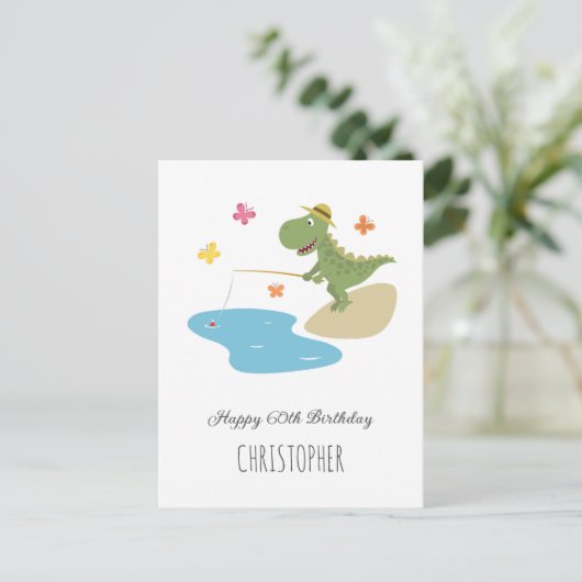 Happy 60th Verjaardag Leuke Cartoon Dinosaurus Vis Briefkaart (Staand voorkant)