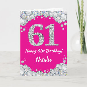 Happy 61st Birthday Hot Pink en Silver Glitter Kaart