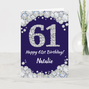 Happy 61st Birthday Navy Blue en Silver Glitter Kaart