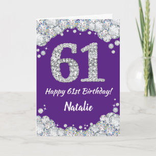 Happy 61st Birthday Paars en Silver Glitter Card Kaart