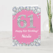 Happy 61st Birthday Pink en Silver Glitter Card Kaart (Voorkant)
