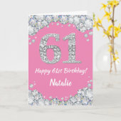 Happy 61st Birthday Pink en Silver Glitter Card Kaart (Gele Bloem)