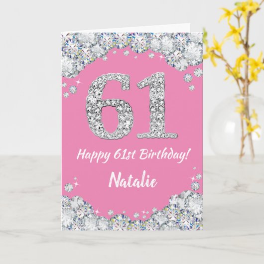 Happy 61st Birthday Pink en Silver Glitter Card Kaart (Gele Bloem)