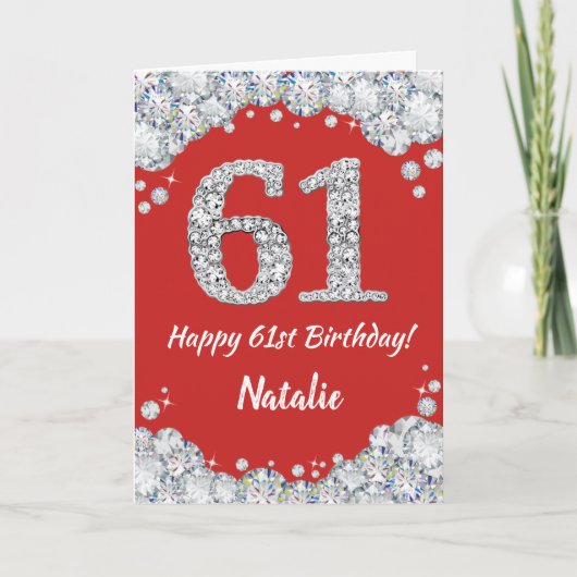 Happy 61st Birthday Red en Silver Glitter Card Kaart (Voorkant)