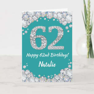 Happy 62e verjaardag Blauwgroen en Silver Glitter  Kaart