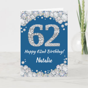 Happy 62e verjaardag Blue en Silver Glitter Card Kaart