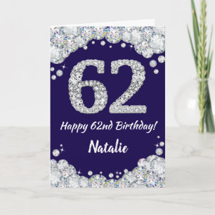 Happy 62e verjaardag Navy Blue en Silver Glitter Kaart