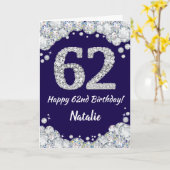 Happy 62e verjaardag Navy Blue en Silver Glitter Kaart (Gele Bloem)