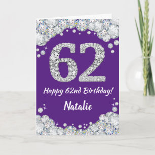 Happy 62e verjaardag Paars en Silver Glitter Card Kaart