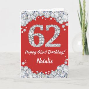 Happy 62e verjaardag Red en Silver Glitter Card Kaart