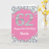 Happy 62e verjaardag Roze en Zilver Glitter Card Kaart (Gele Bloem)