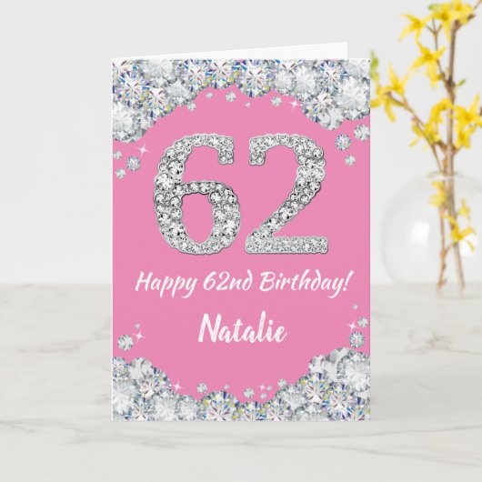 Happy 62e verjaardag Roze en Zilver Glitter Card Kaart (Gele Bloem)