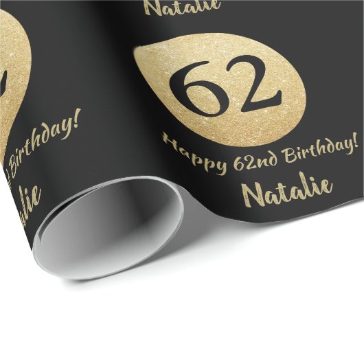 Happy 62nd Birthday Black en Gold Glitter Cadeaupapier (Rol Hoek)
