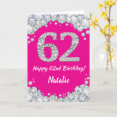 Happy 62nd Birthday Hot Pink en Silver Glitter Kaart (Gele Bloem)
