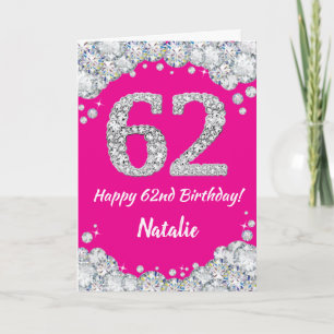 Happy 62nd Birthday Hot Pink en Silver Glitter Kaart