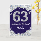 Happy 63rd Birthday Navy Blue en Silver Glitter Kaart (Gele Bloem)