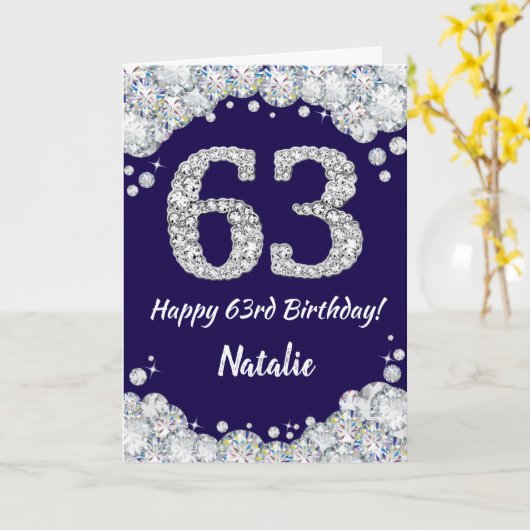 Happy 63rd Birthday Navy Blue en Silver Glitter Kaart (Gele Bloem)