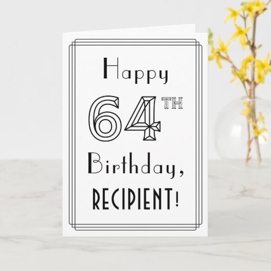 Happy 64th Birthday, Art Deco Style met aangepaste Kaart (Gele Bloem)