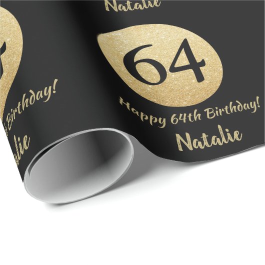 Happy 64th Birthday Black en Gold Glitter Cadeaupapier (Rol Hoek)
