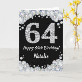 Happy 64th Birthday Black en Silver Glitter Card Kaart (Gele Bloem)
