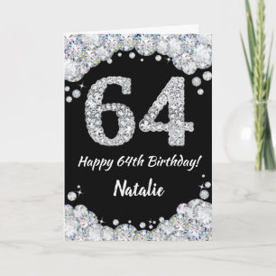Happy 64th Birthday Black en Silver Glitter Card Kaart