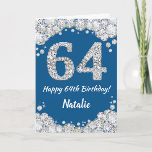 Happy 64th Birthday Blue en Silver Glitter Card Kaart