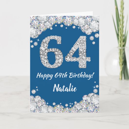 Happy 64th Birthday Blue en Silver Glitter Card Kaart (Voorkant)