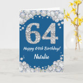 Happy 64th Birthday Blue en Silver Glitter Card Kaart (Gele Bloem)