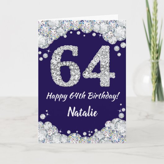 Happy 64th Birthday Navy Blue en Silver Glitter Kaart (Voorkant)