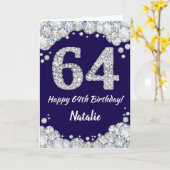 Happy 64th Birthday Navy Blue en Silver Glitter Kaart (Gele Bloem)