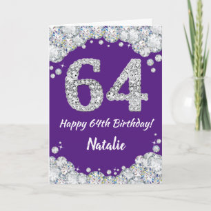 Happy 64th Birthday Paars en Silver Glitter Card Kaart